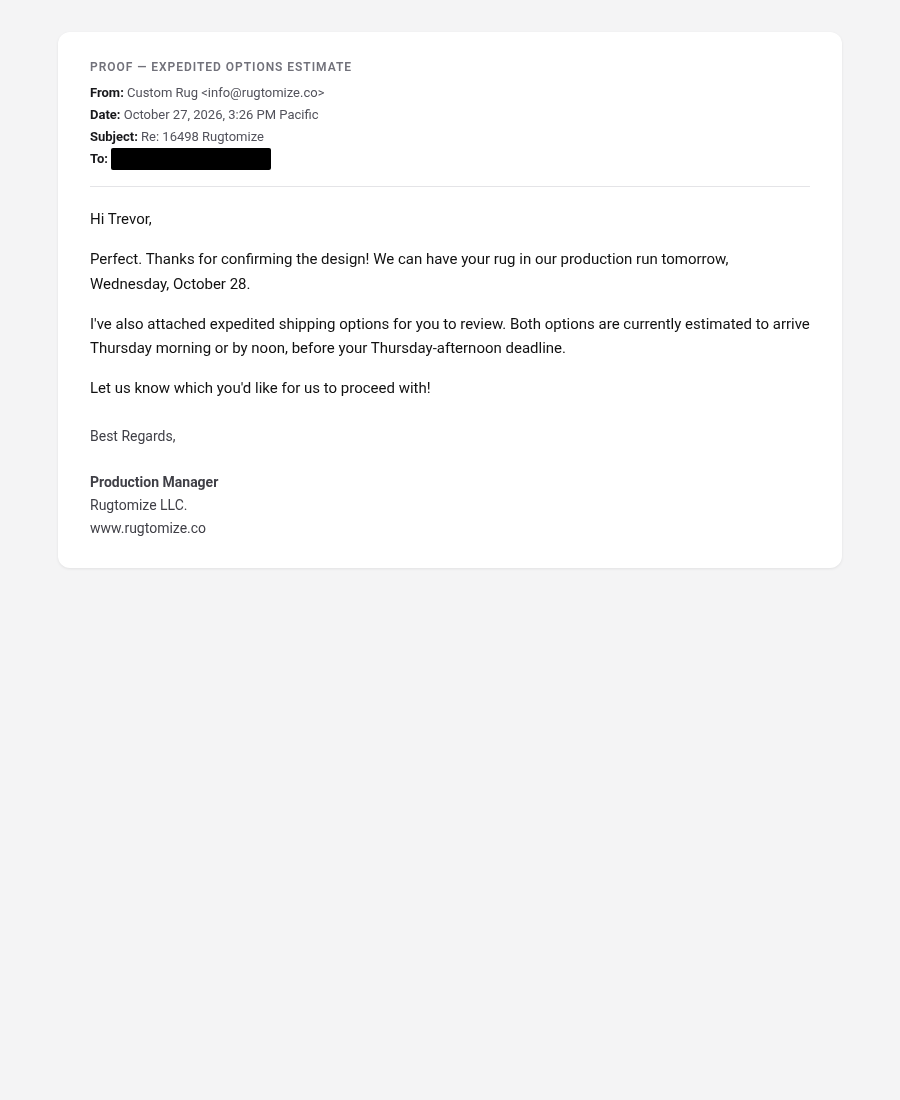 Expedited delivery estimate, Oct 27, 2026; redacted proof document