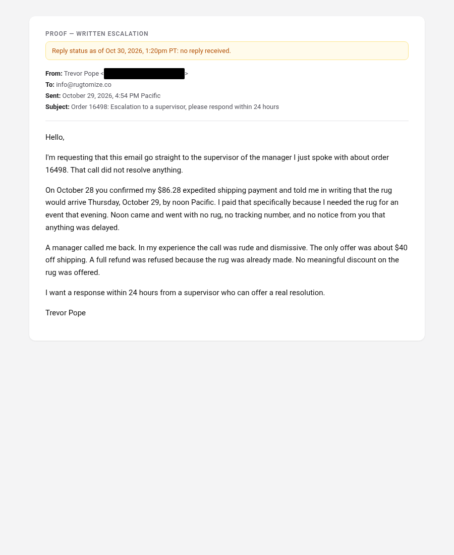 My written escalation, Oct 29, 2026; redacted proof document