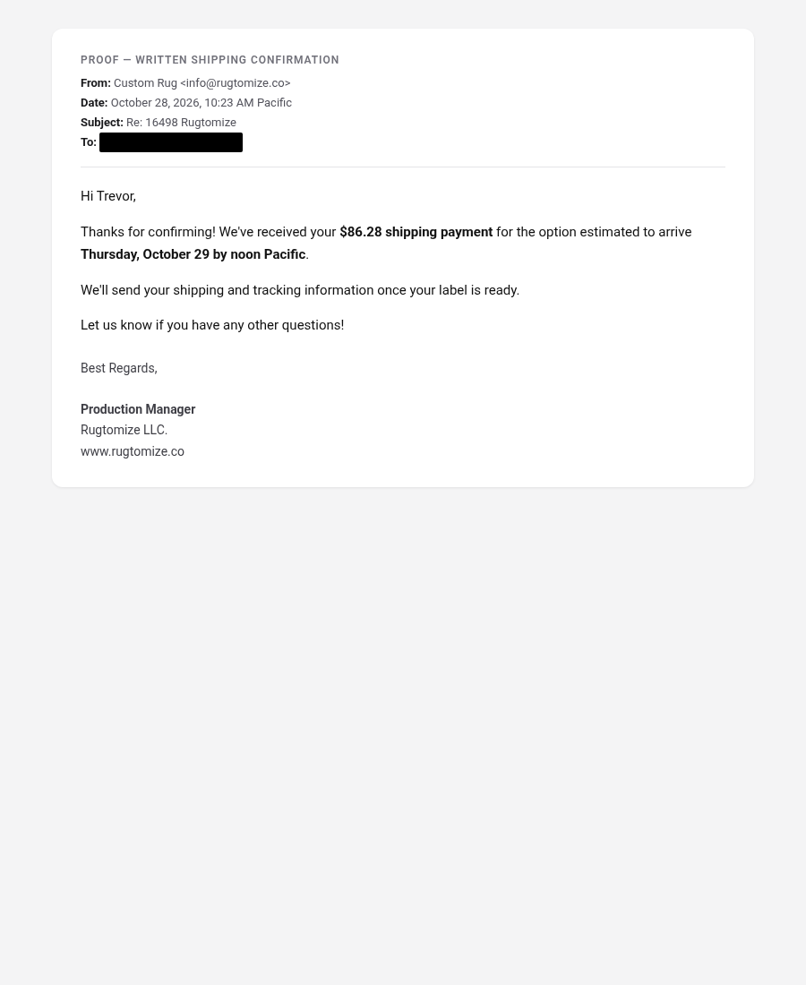 Shipping payment confirmation, Oct 28, 2026; redacted proof document