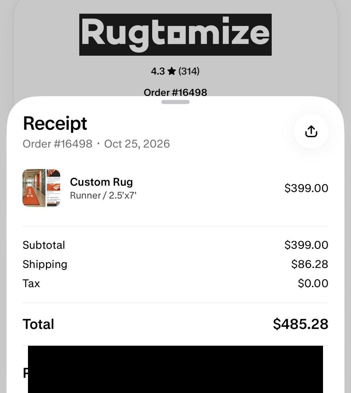 Order #16498 receipt, Oct 25, 2026; redacted proof document